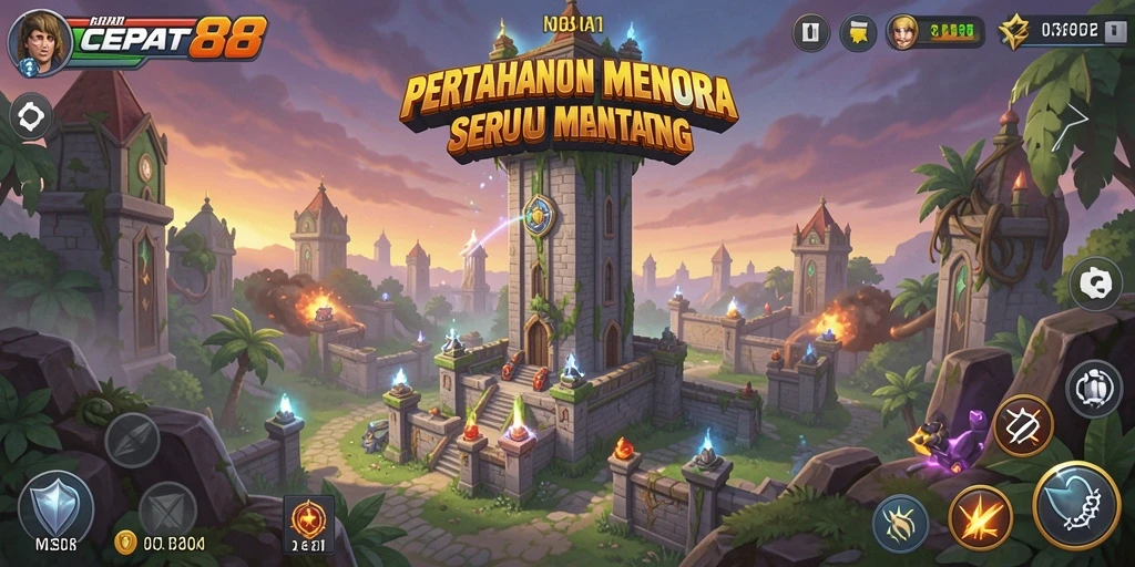 Tampilan gameplay <strong>CEPAT88</strong> dengan menara dan gelombang musuh.