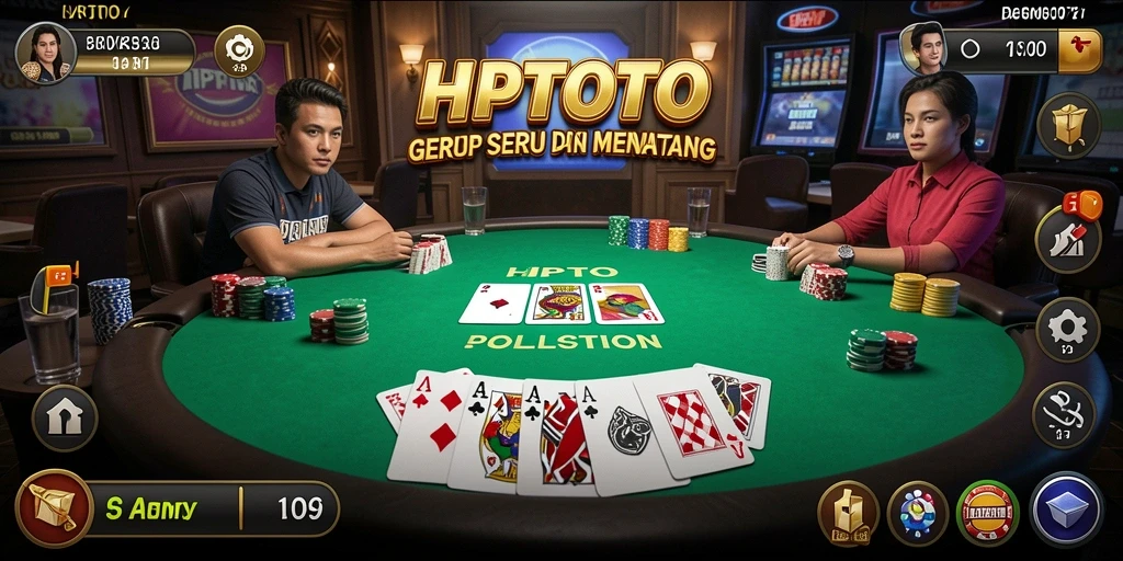 Screenshot gameplay HPTOTO menampilkan suasana meja poker yang mendebarkan.