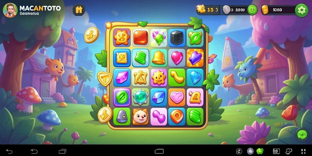 Screenshot utama MACANTOTO menampilkan gameplay seru Match-3 yang penuh warna.