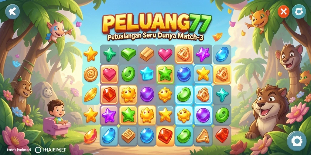 Gameplay seru PELUANG77 dengan tantangan Match-3 yang mengasyikkan.