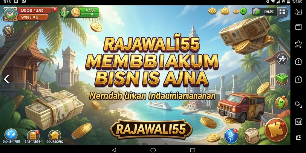 Screenshot gameplay RAJAWALI55 menampilkan suasana bisnis yang dinamis.