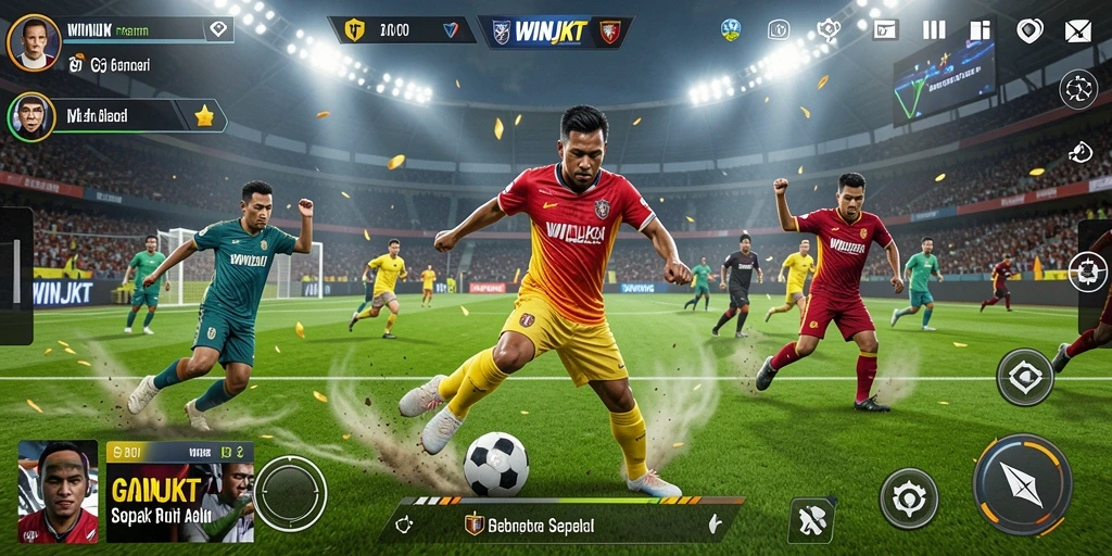 Tampilan gameplay nyata dari WINJKT dengan aksi sepak bola seru.